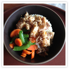 Orange Chicken Rice Bowl with Carrots and Snap Peas