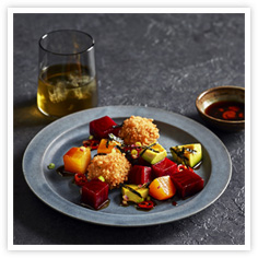 Beet Poke with Sesame-Panko Shrimp Balls, Seaweed and Charred Onion