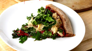 Roasted Kale Chicken Pizza with Cheesy Walnut Beet Sauce