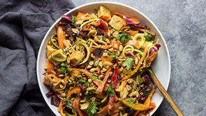 Vegetable Noodles with Crispy Tofu and Peanut Sauce