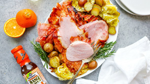 Orange Glazed Ham with Potatoes and Cabbage