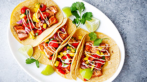 Salmon Tacos with Mango Salsa and Sriracha Aioli