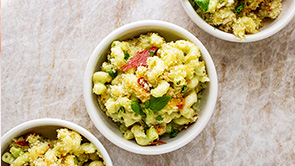 Creamy Pesto Mac N Cheese with Crispy Prosciutto