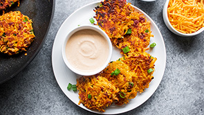 Cheesy Sweet Potato Fritters with Chinese Sausage