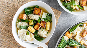 Veggie Packed Wonton Soup with Seared Tofu